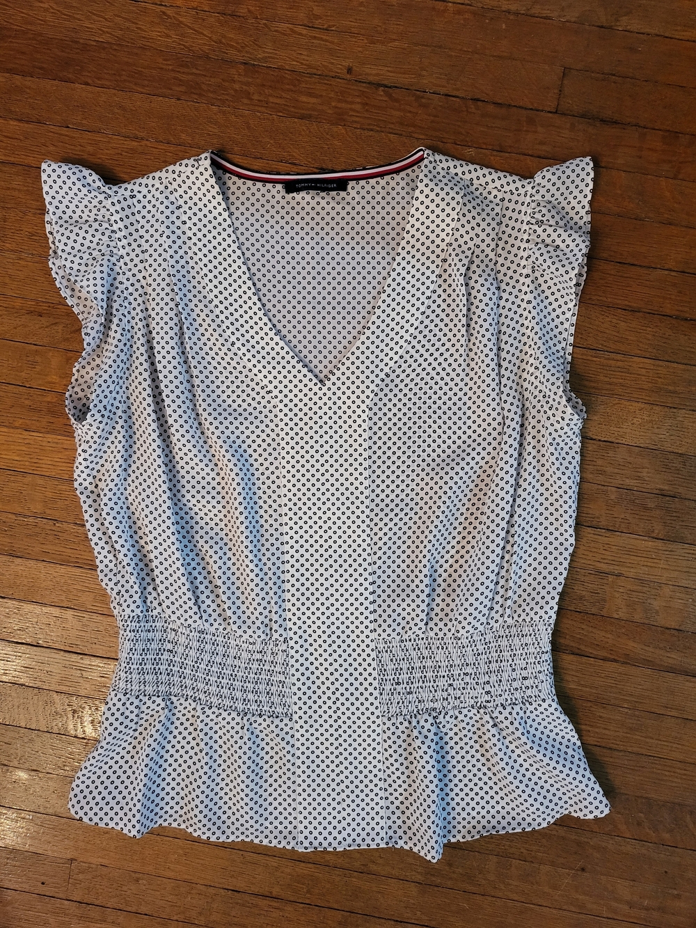Tommy Hilfiger White Blouse with Black Micro Dots and Smocked Waist